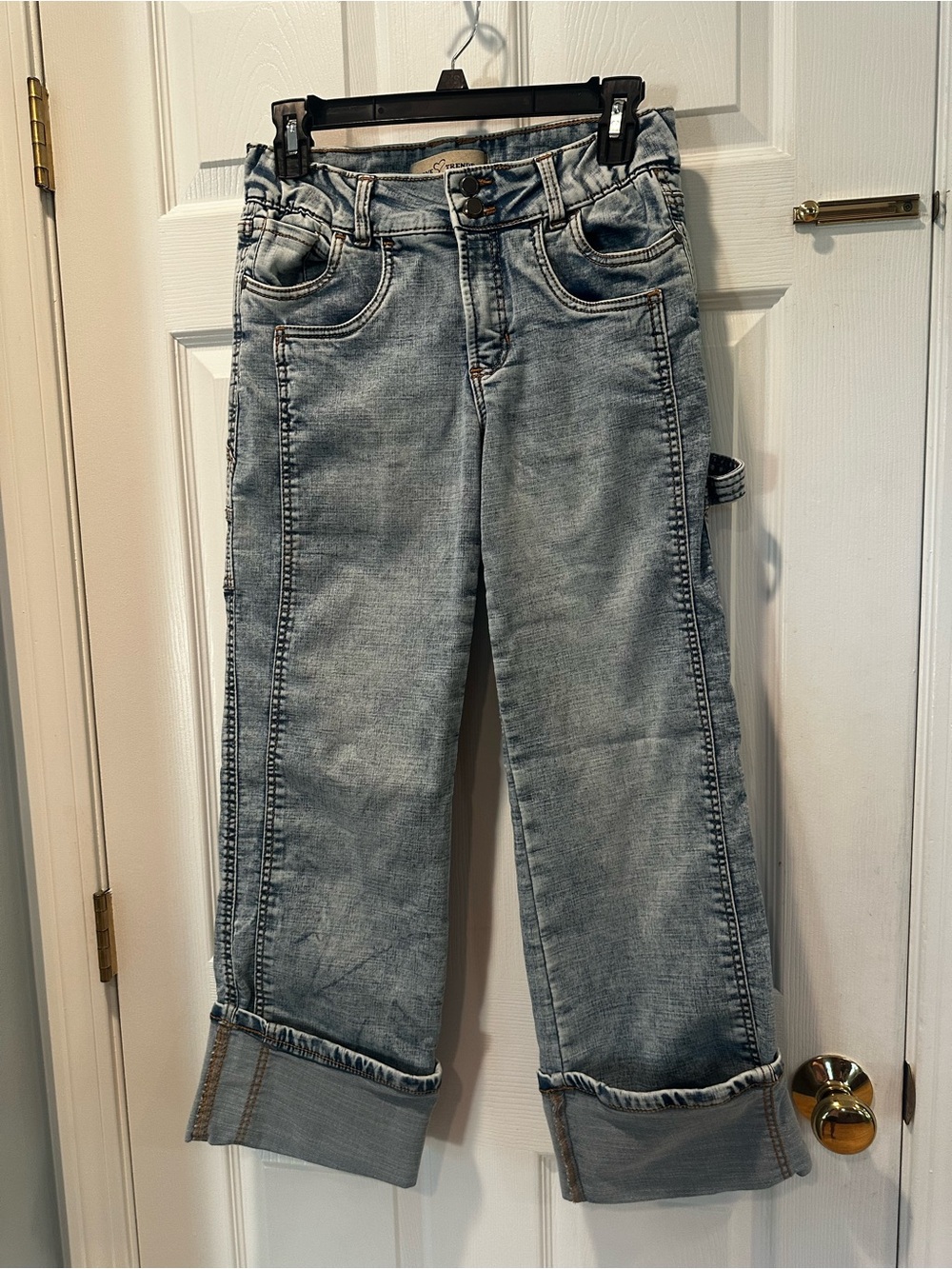 Light acid Wash junior’s Jeans - Cuffed Straight Leg with carpenter pant style